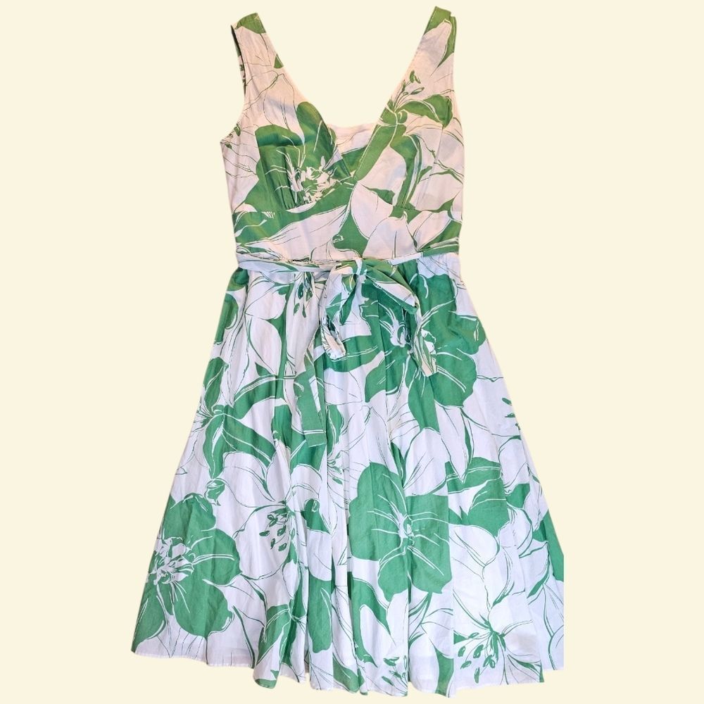 🌿 Coldwater Creek Tropical Dress | Green White Cotton | Size 10